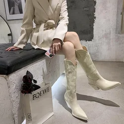 White Cowboy Boots 2021 Autumn Winter Long But Knee Plus Size Embroidered Vintage Roman Pointed Western Knight Shoes Fashion New