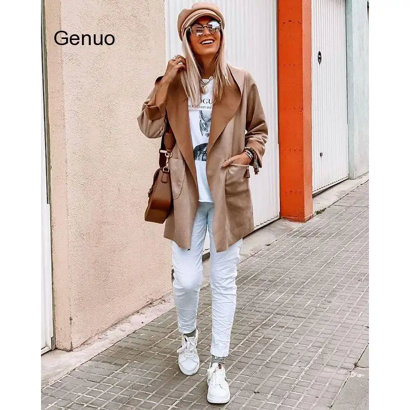 Mid-Length Faux Suede Composite Jacket Hooded Collar and Regular Sleeves Trench Coat Autumn Windbreaker Women 2020 New