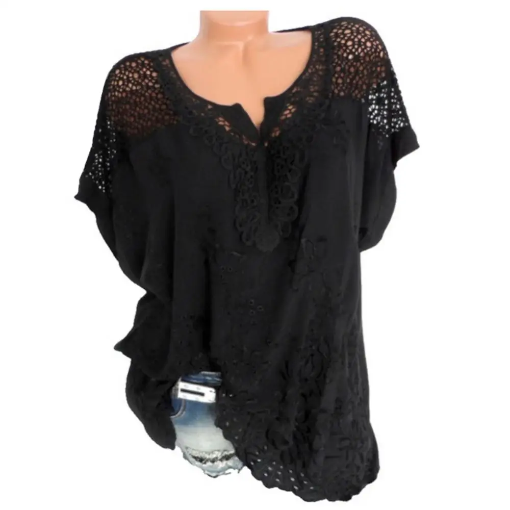 Short Batwing Sleeve Blouse Women Casual Hollow out Shirt Floral Embroidery V Neck Top  Office Ladies Blouse Plus Size S-6XL