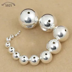 Small Hole Real Pure Solid 925 Sterling Silver Beads Spacers Round Smooth Loose Bead DIY Bracelet Necklace Jewelry Findings
