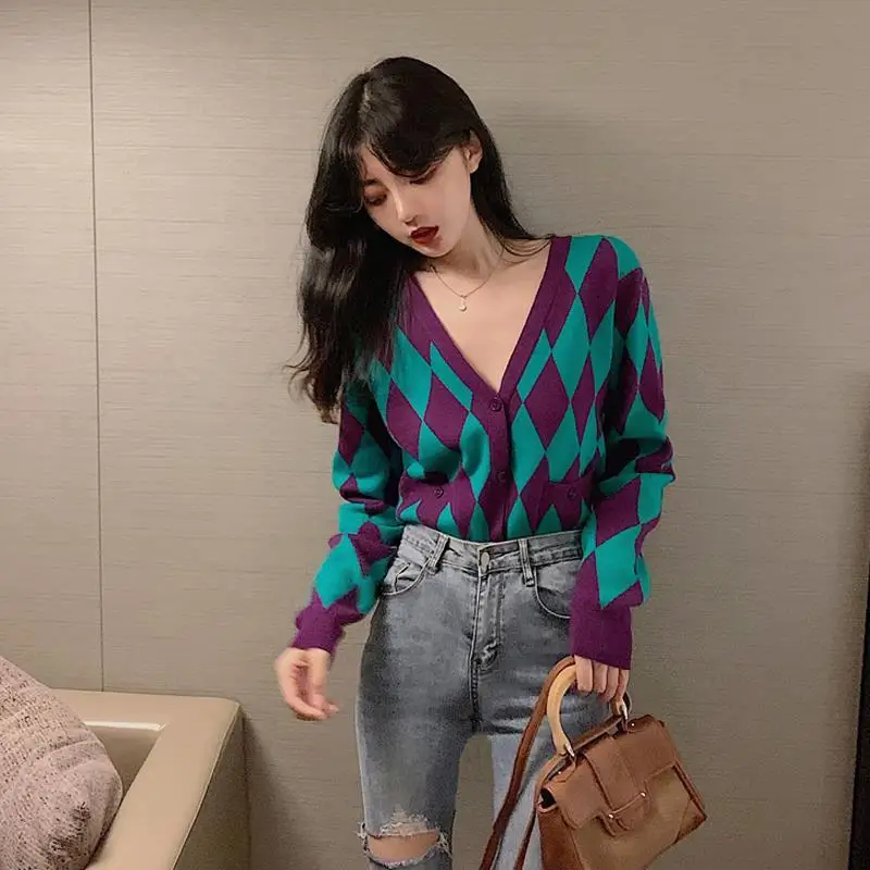 Woman Sweaters Color Matching Plaid Knitted Cardigan Women\'s Clothes Fall 2024 Loose V-neck Femme Chandails Pull Hiver