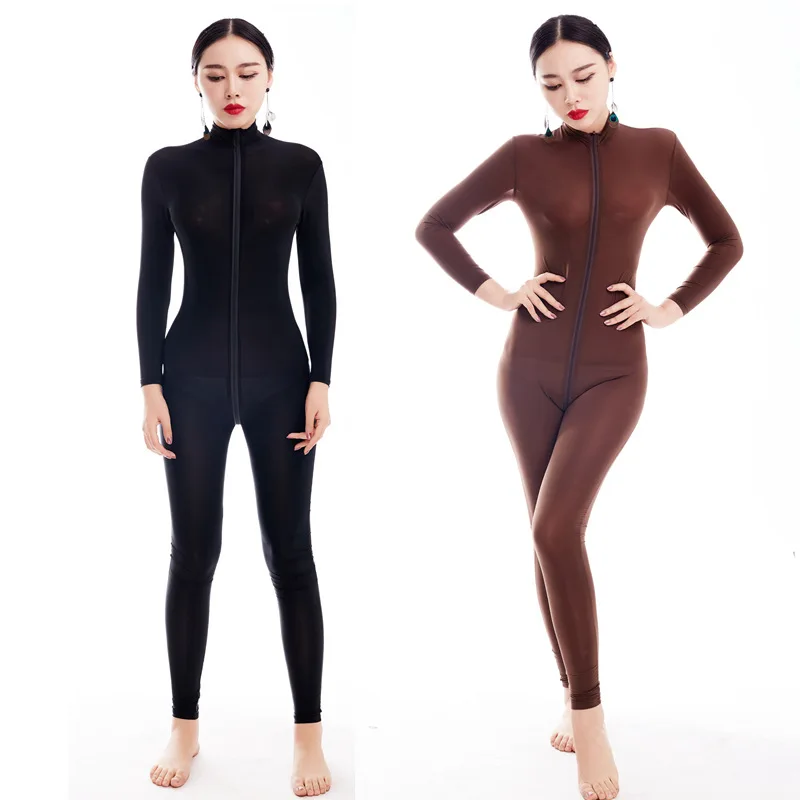 Băng Thun LụA Tay Dài Dây Kéo Đôi Mở Đáy Quần Bodysuit Thun Bodystocking Sexy Quyến Rũ Gợi Tình Đầm Bodycon Jumpsuit