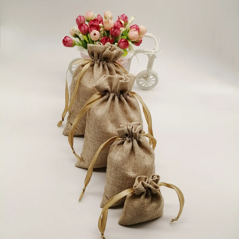 500pcs Sack Jute Gift Bag Silk Ribbon Drawstring Jute Bag Jute Webbing Handles for Bags Gift Packaging Bags Storage Travel Pouch