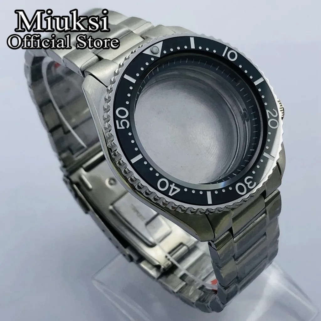 Miuksi 42mm silver sterile watch case sapphire glass Black ceramic bezel black chapter ring fit NH35 NH36 movement