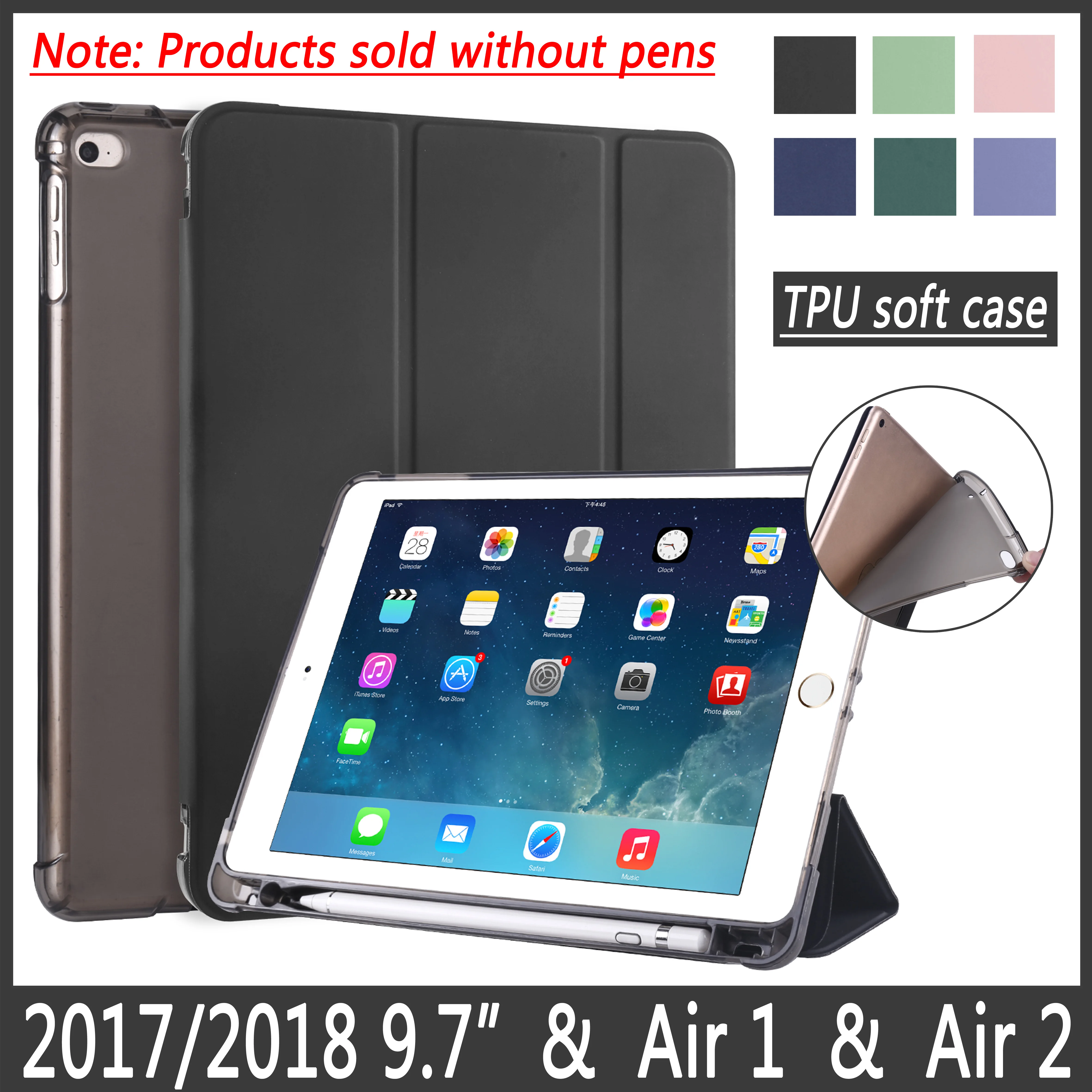 

Case for iPad 9.7 inch 2017 2018 with pencil holder cover for iPad Air 1 2 5th 6th generation smart sleep wake TPU soft shell