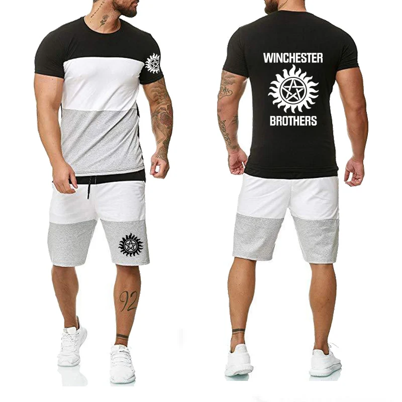 

Summer The New Men T-shirtwinchester brothers Print Casual Short Sleeve Colorblock Cotton Men's T-shirt+shorts suit 2pcs