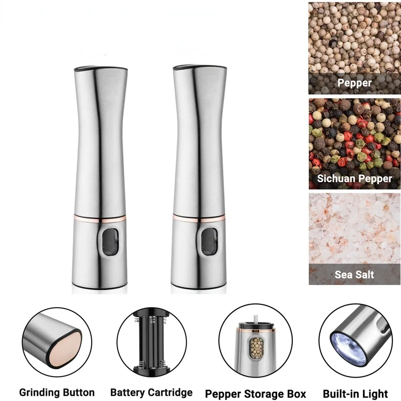 Electric Salt and Pepper Grinder Stainless Steel Automatic Gravity Herb Spice Mill Adjustable Coarseness Kitchen BBQ Tool Gadget