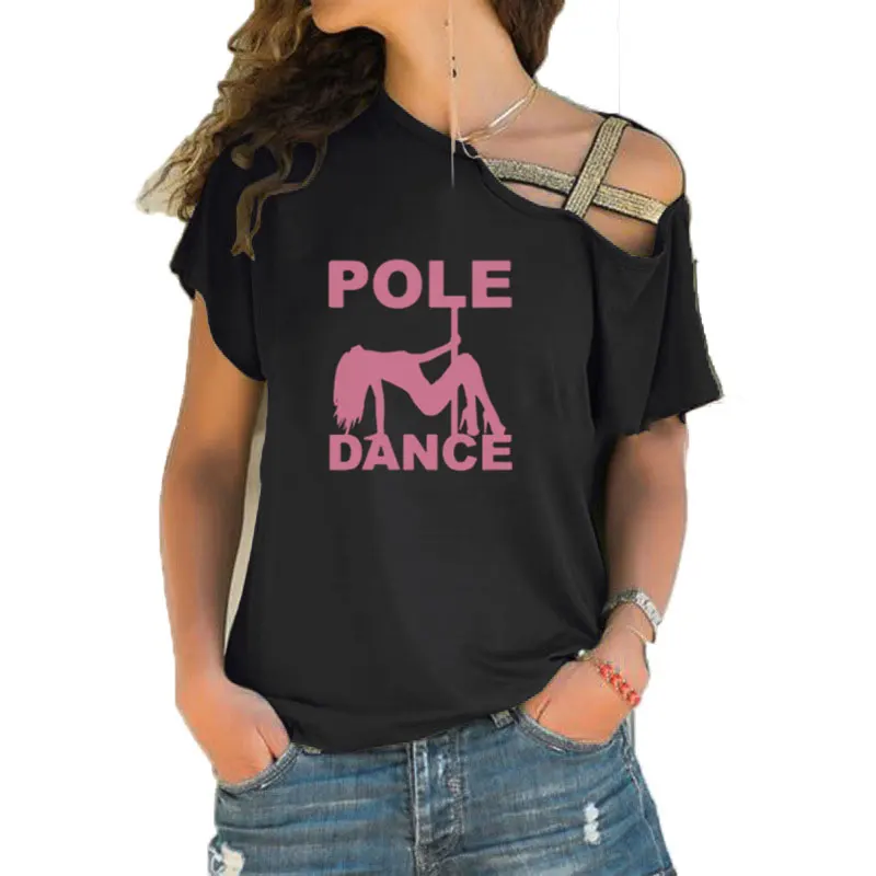 

2020 New Summer Pole Dance Printed girl T Shirt Women Short Sleeve T-shirt Irregular Skew Cross Bandage Tee Tops