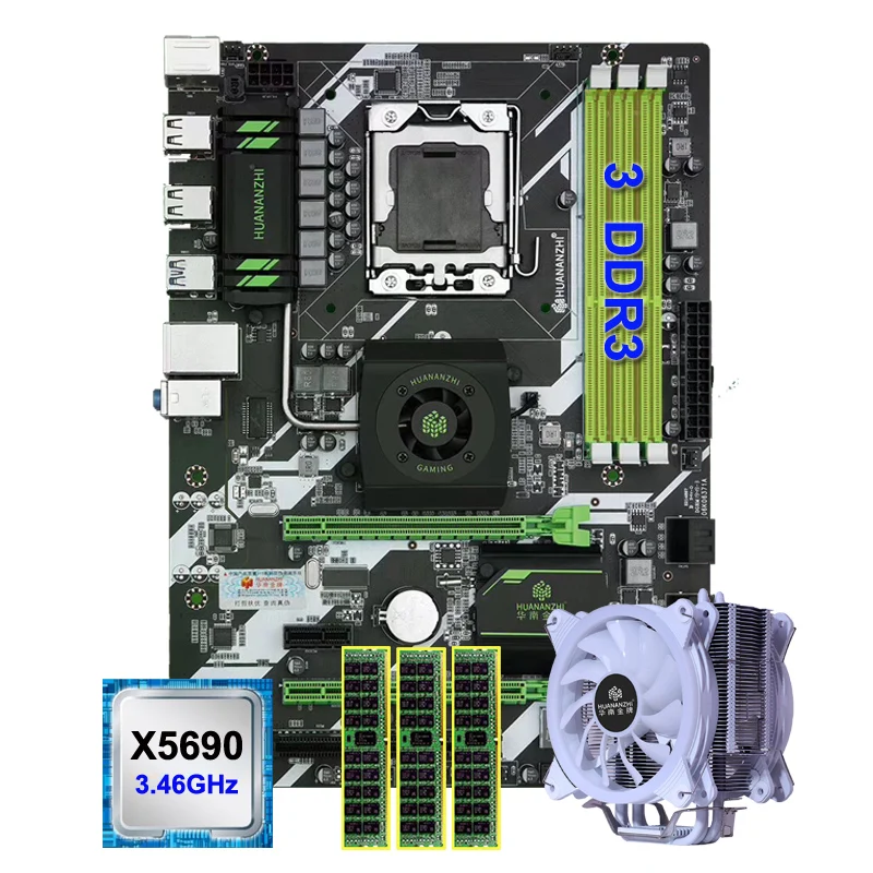 

HUANANZHI Deluxe X58 LGA1366 Motherboard with 3 RAM Slots CPU Xeon X5690 with Cooler Big Brand RAM 24G(3*8G) REG ECC Best Combos