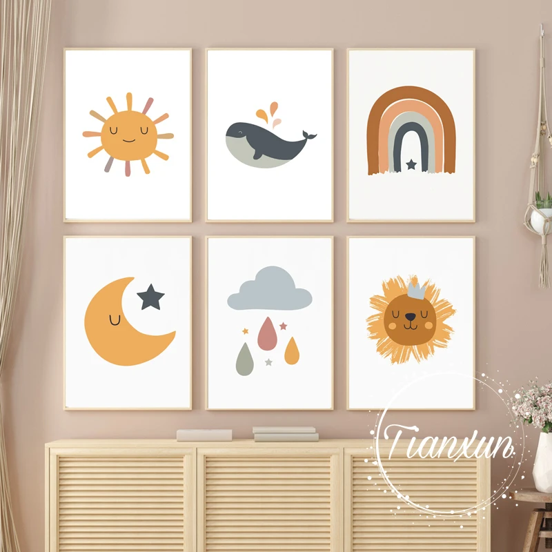 Cartoon Moon Rainbow And Prints Sun Stars Poster Canvas Prints Children's Room Wall Art Decoration Pictures Children's Room Art