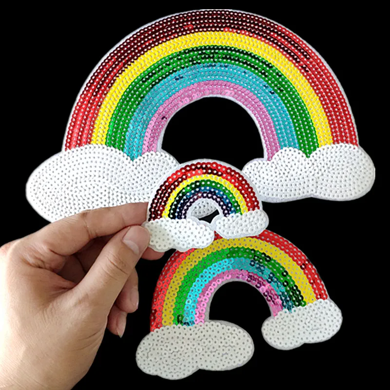 25CM Rainbow Iron On Patches For Clothing Sequins Biker Badge Embroidery Fabric Sequined Patch Clothes Stickers Strange things