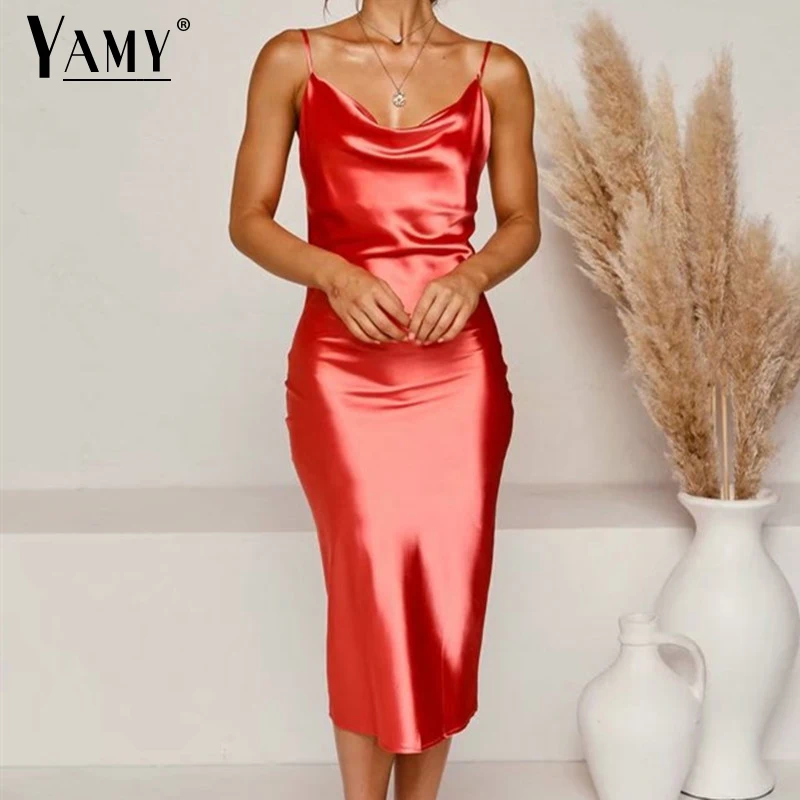 2024 Summer dresses for women party casual beach vintage dress spaghetti strap midi dress evening party satin dress backless