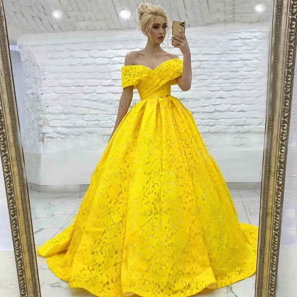 Vestidos de Noche de Encaje amarillo glamoroso, vestidos de graduación sin hombros, línea A, vestido de fiesta de boda