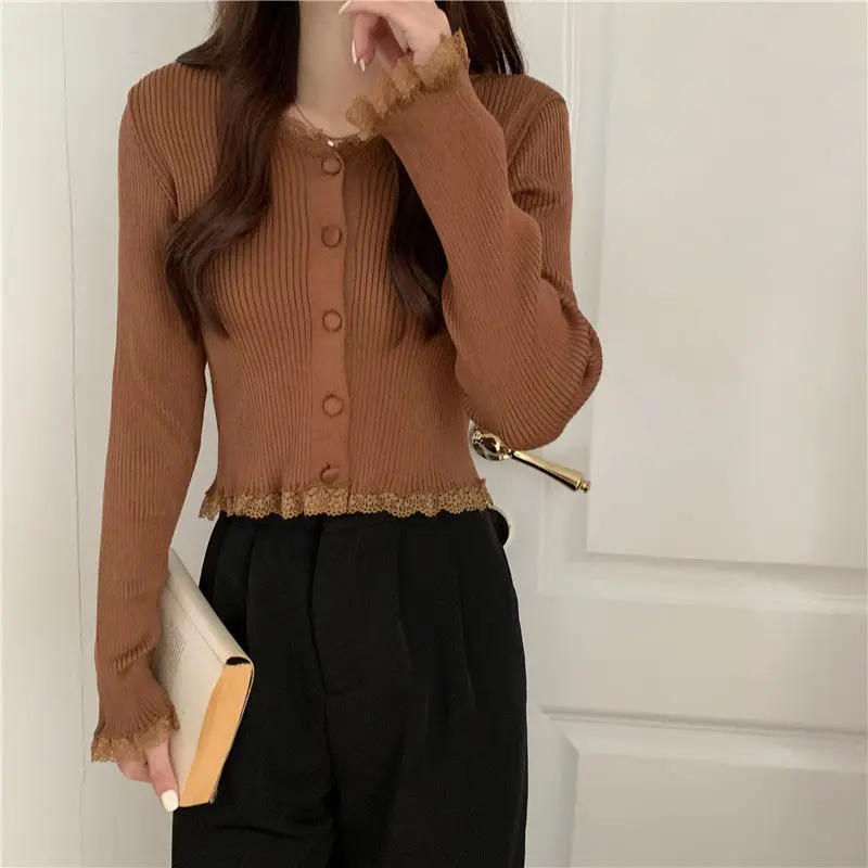 Solid Lovely Women Casual Fashion Sweater Buttons Up Rib Knitted O Neck Ropa Mujer Long Sleeve Basic Cardigan Harajuku Lace Top