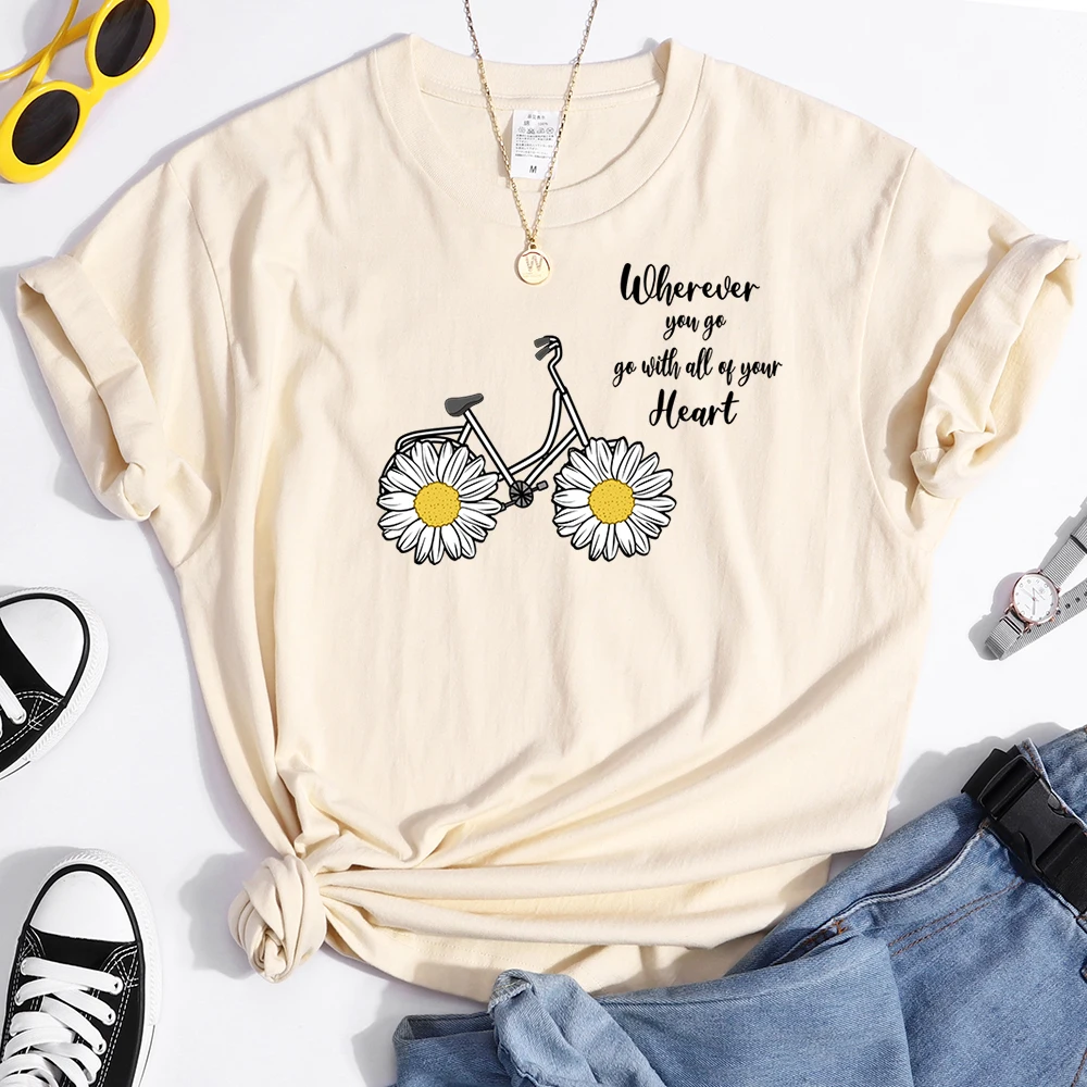 Women's Tshirt Daisy Bike Personalized Text T-Shirts Crewneck Vintage Short Sleeve Tops Korean Style Solid Color Women Tshirt