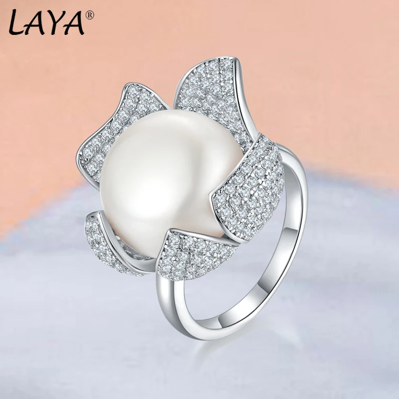 Laya Natural Pearl Ring For Women Pure 925 Sterling Silver High Quality Clear Cube Zirconia Luxury Jewelry