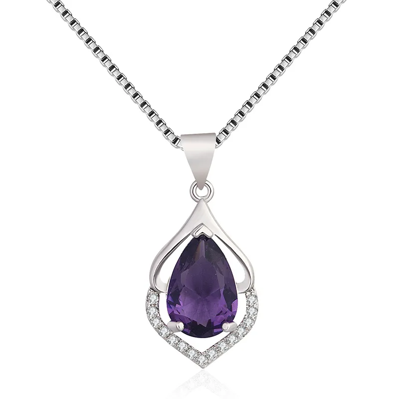 HuiSept Women Necklace 925 Silver Jewelry with Amethyst Zircon Gemstone Water Drop Shape Pendant Accessories for Wedding Party