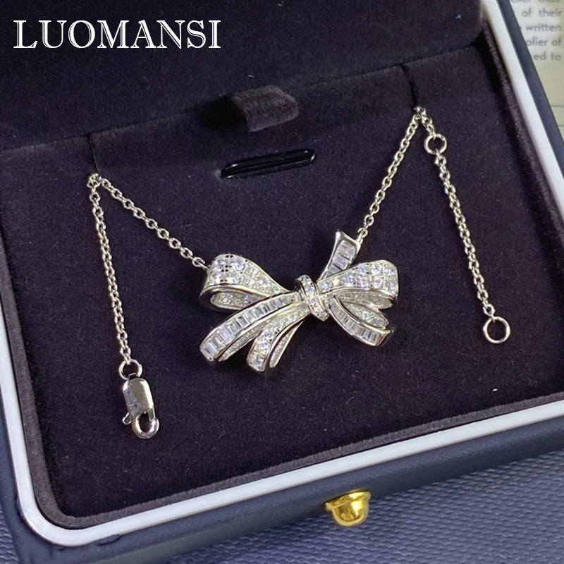 Luomansi Super Flashing Bowknot Diamond S925 Silver Necklace Fine Jewelry Wedding Party Birthday Romantic Woman Gift