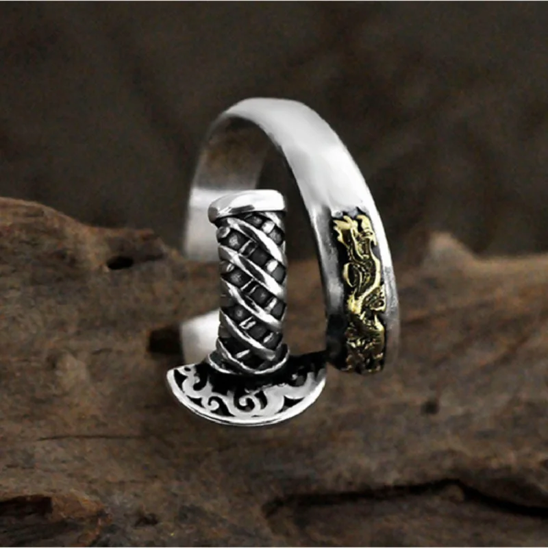 S925 sterling silver retro samurai sword open ring male Thai silver real siver creative dragon sword ring men women jewelry gift