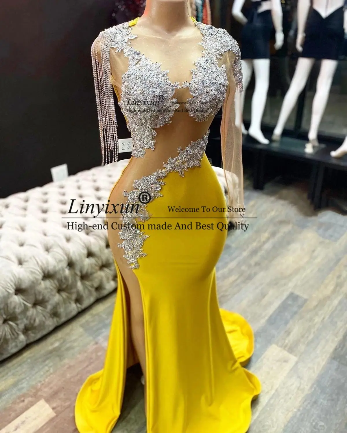 Black Girl Long Mermaid Yellow Prom Dress 2020 with Sleeve Illusion Tassel Plus Size African Evening Gowns Graduation Gala Dress