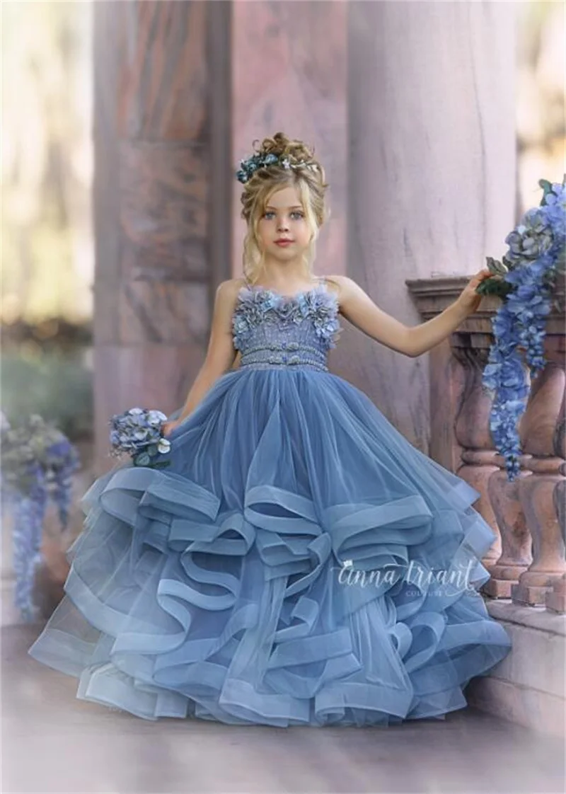 Robes à fleurs mignonnes pour filles, pour mariage, jupe à plusieurs niveaux, en dentelle Spaghetti, bleu ciel, avec des Appliques florales, robe de concours, ligne A, pour enfants