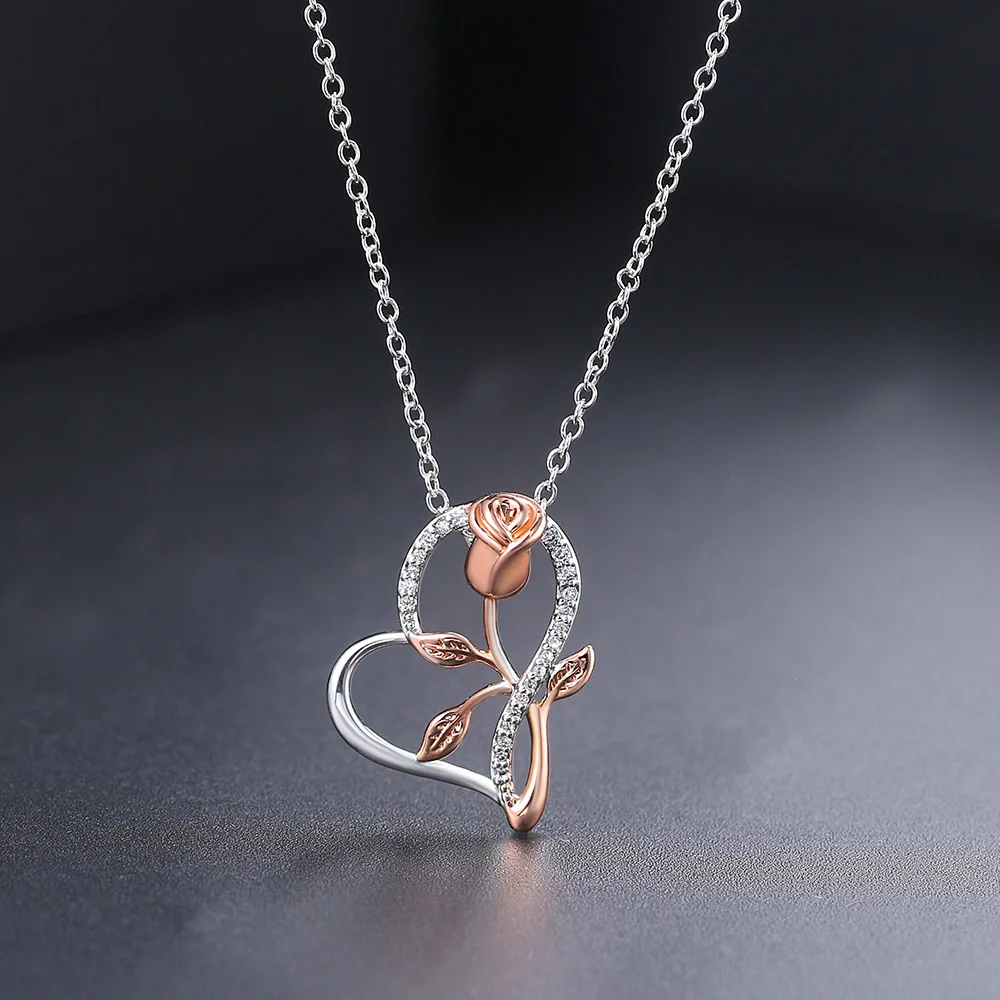 Rose Flower Pendant Heart Necklaces For Women Two-tone Zircon Aesthetic Jewelry Gift for Mom Girls Wholesale N172