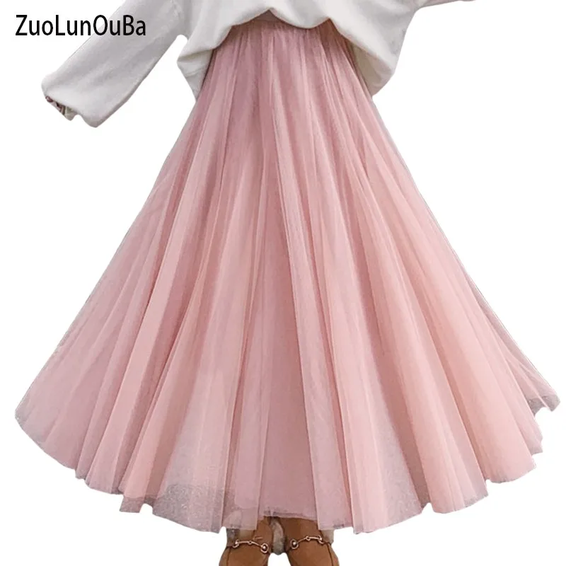 

ZuoLunOuBa 2021 Summer High Quality Casual Women Skirt Pleated Harajuku Pink Lady A-Line Net Yarn Skirt Elasticity Female