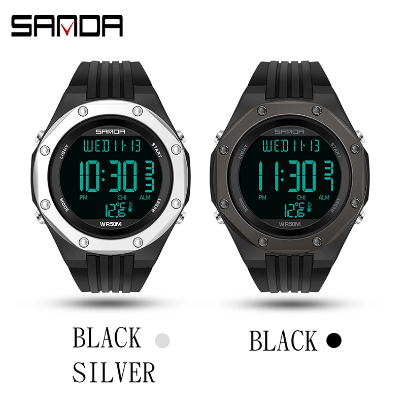 SANDA NEW Fashion Military Men\'s Watches Body Temperature Monitor 50M Waterproof Sports Watch LED Electronic Wristwatches 6028