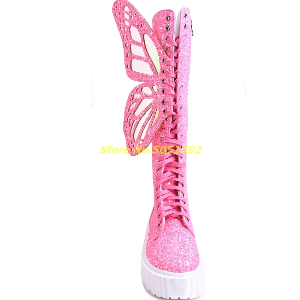 Pink Glitter Knee High Boots Muffin Flat Heel Pink Lace Up Glitter Boots Round Toe New Arrivals Fashion Women Shoes