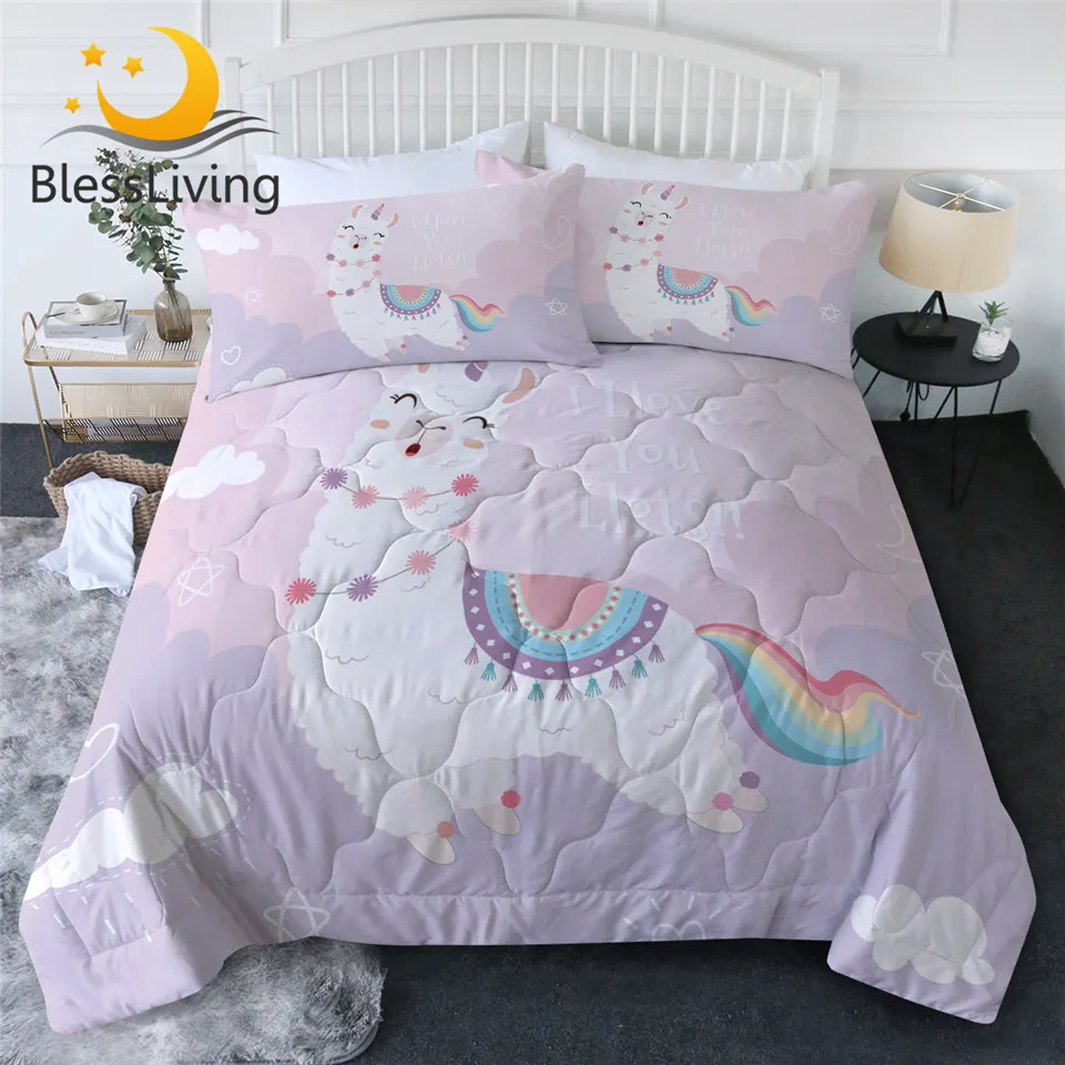 

BlessLiving Alpaca Quilt Cover Set Llama Comforter Rainbow Tail Summer Bedspreads Cartoon Animal Colchas for Kids Cute Blanket