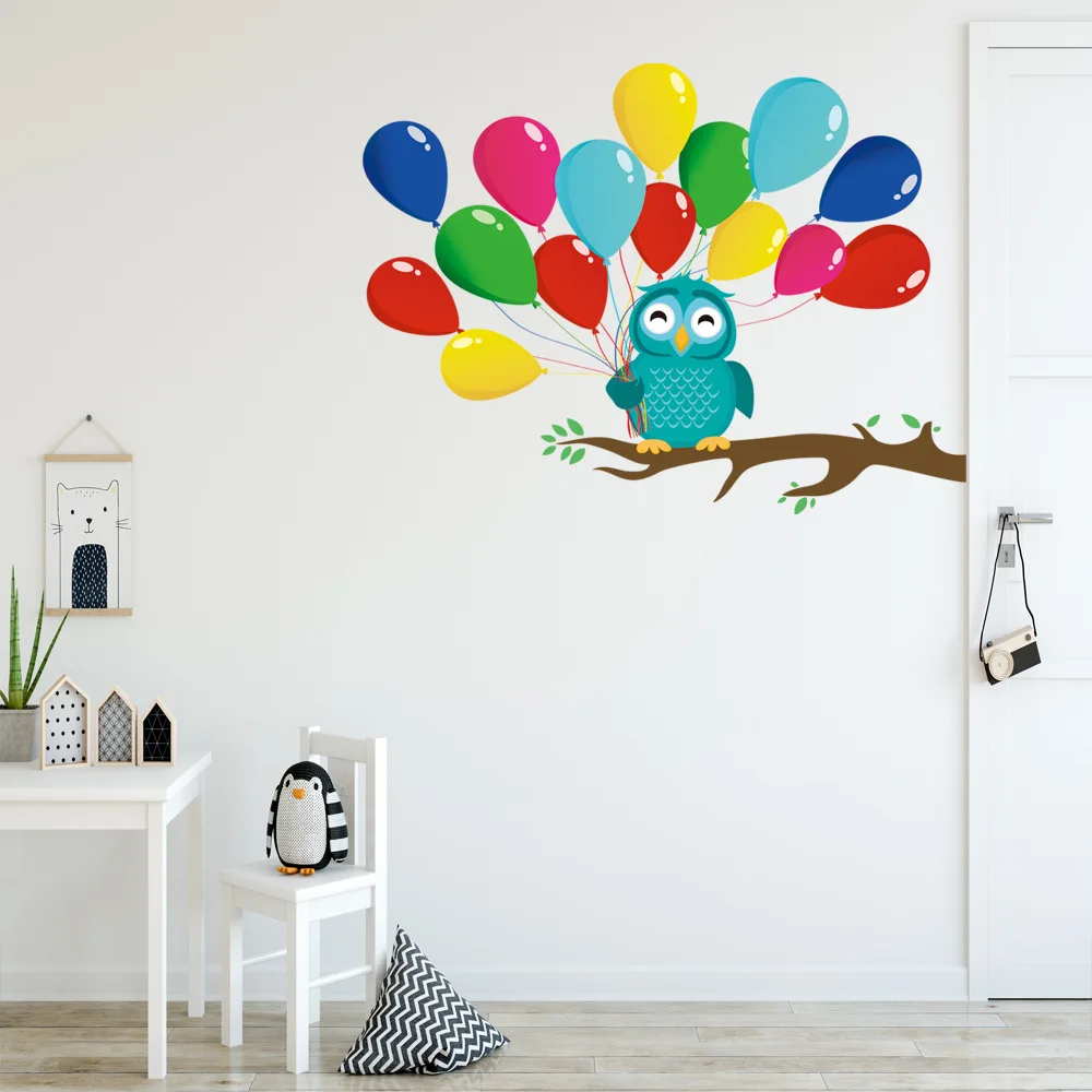 

Cartoon Tree Branch Owl Background With Balloons Sticker Kids Rooms Bedroom Decor Mural Door Art Stickers For Nursery Wallpaper