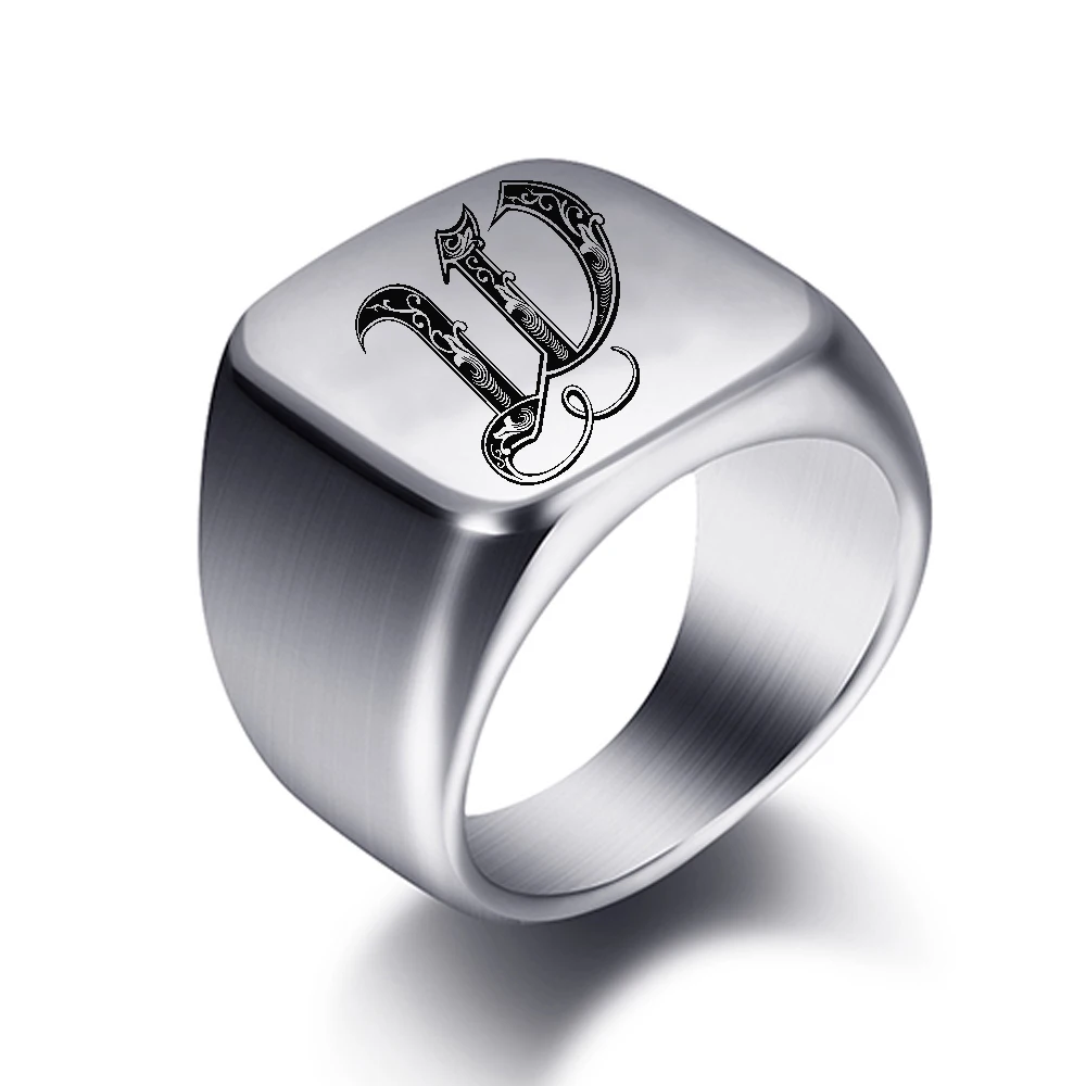 Initialgravierte individuelle Ringe für Männer, Edelstahl, männlicher Siegel, leerer Schmuck, Ringband, hochglanzpolierter Silberton, US-Größe