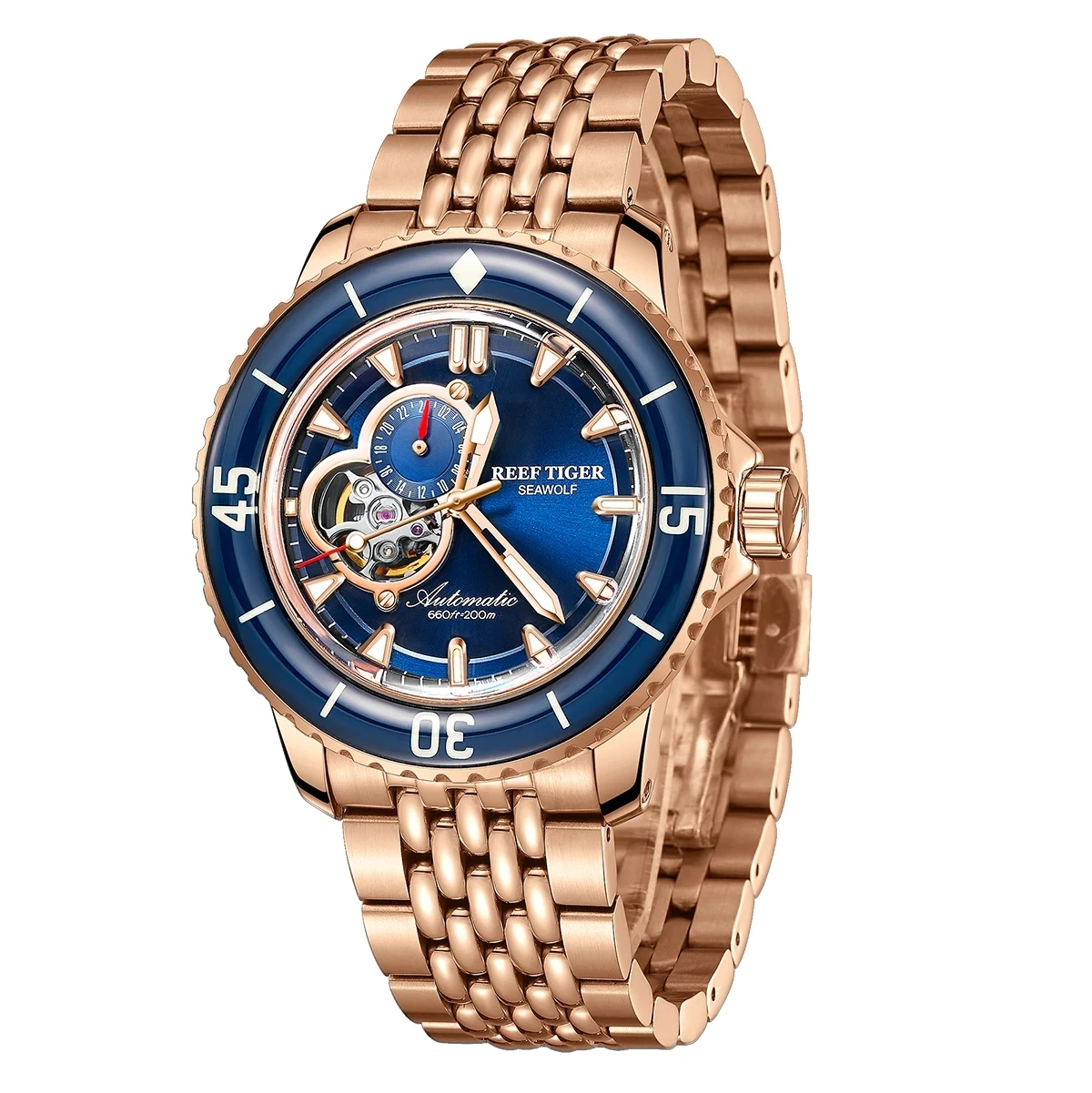 Reef Tiger/RT Luxury Dive Watch For Men Rose Gold Bracelet Automatic Watches Luminous Watch Waterproof 200m Mechanical Watches