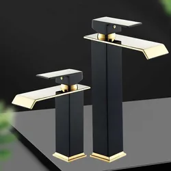 Basin Faucet Gold and Black Waterfall Faucet Brass Bathroom Wash Basin Mixer Tap Hot and Cold Water Vanity Vessel Sink Faucets