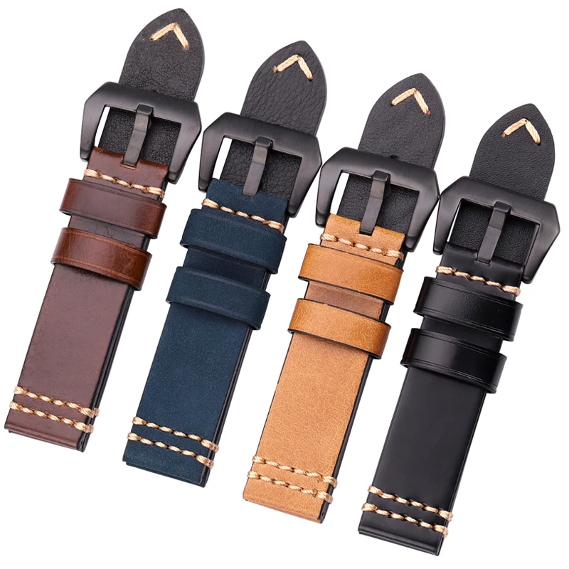 Correas de reloj de cuero genuino para hombres y mujeres, accesorios de pulsera de cuero de vaca, 20mm, 22mm, 24mm, negro, marrón, azul, amarillo