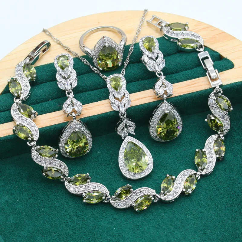 New Arrivals 925 Silver Jewelry Sets for Women Bride Olive Green Zircon Bracelet Earrings Necklace Pendant Ring Holiday Gift