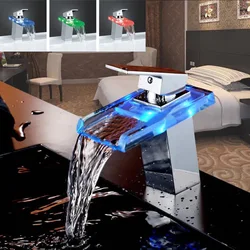 LED Color Changes Glass Waterfall Basin Faucet Bathroom Bath Tub Sink Mixer Tap Single Handle Kitchen Water Faucet Chrome Finish