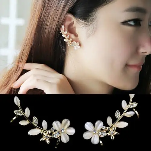 HOT SALE! 2 Pcs/Pair Women Crystal Rhinestone Flower Cuff Ear Bone Clips Non-piercing Earrings Left/Right Ear Clip Trendy Female