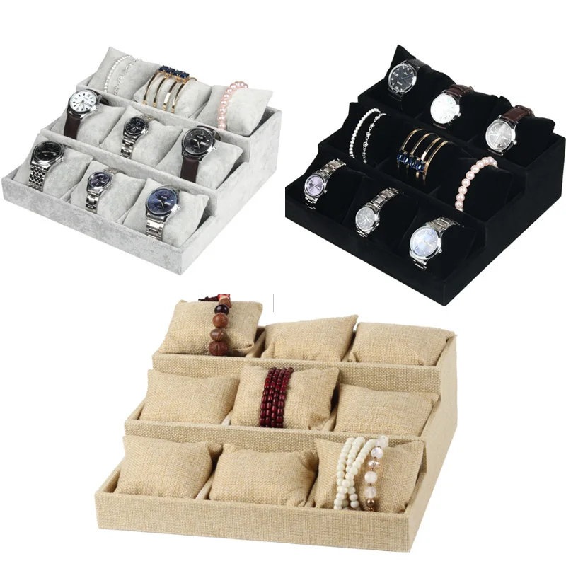 Organizer Wooden  Storage Box Necklace Ring Earring Series Holder Or man Bracelets Jewelry Tray 9Grids PillowsDisply Jewellery