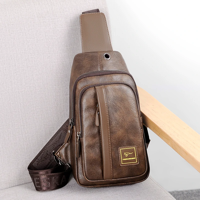 Kangaroo Luxury Brand Chest Bag Men Crossbody Bag Leather Chest Bag USB Charging Travel Sling Shoulder Bag Messenger Bag Male