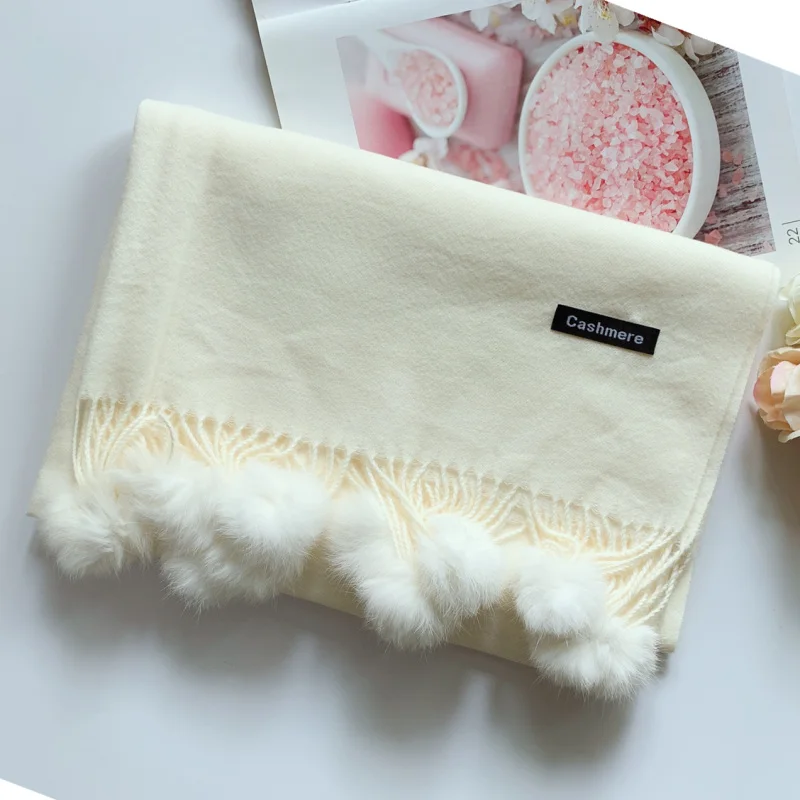 200*70cm Solid color New Winter Lady Thick Cashmere Scarf Rabbit Fur Pom Shawl Wrap Pashmina Women Wool Tassel Hijab muffler