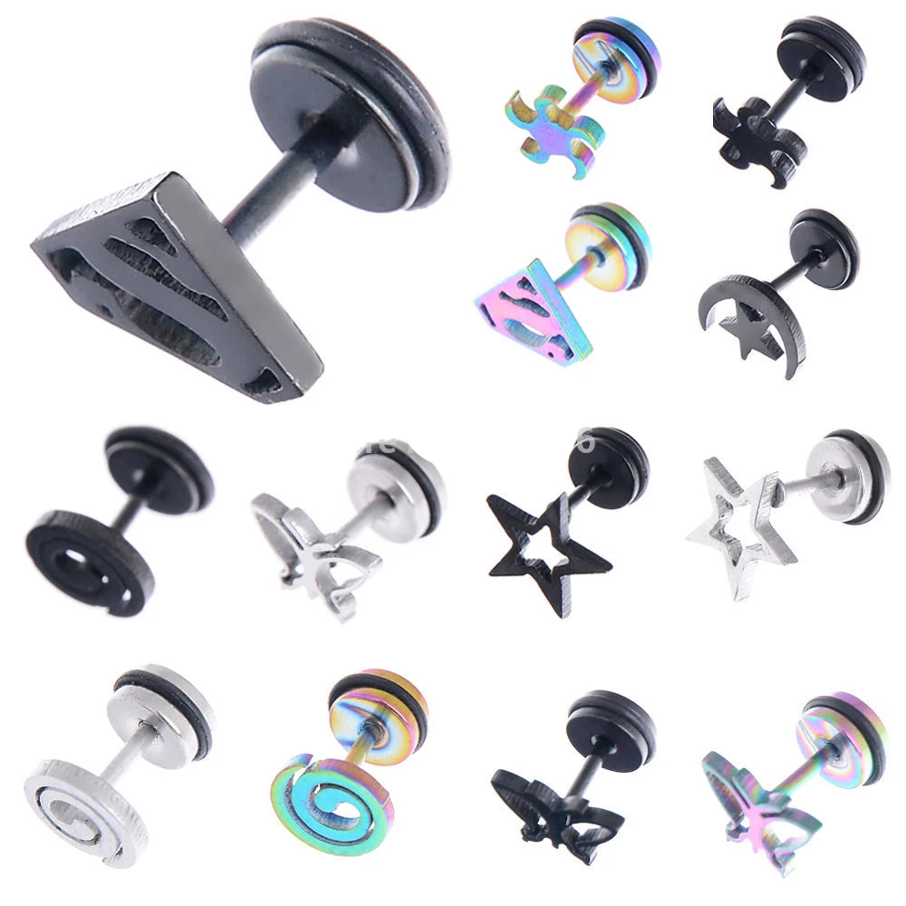 2PCS Gothic Faux Star Ear Plug Stainless Steel Mens Ear Stud Screw Black Skull Earrings Piercing jewelry Wholesale
