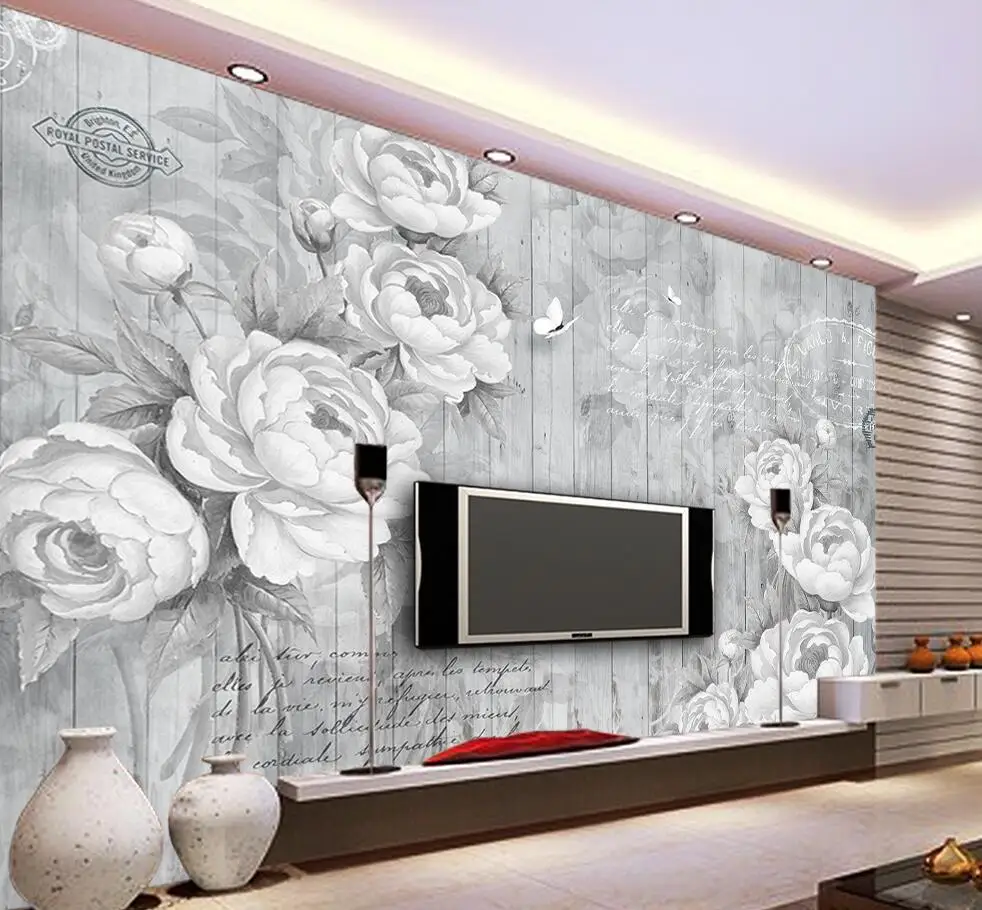 

Retro hand painted gray rose wood board background wall painting home decoration living room bedroom custom size 3d wallpaper