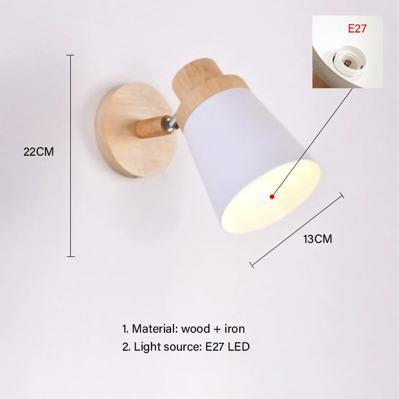 Imagem -06 - Luminária de Parede Led Criativa de Madeira Simples E27 para Leitura Quarto Iluminação de Estudo Melhoria da Casa Macaron Cor de Parede