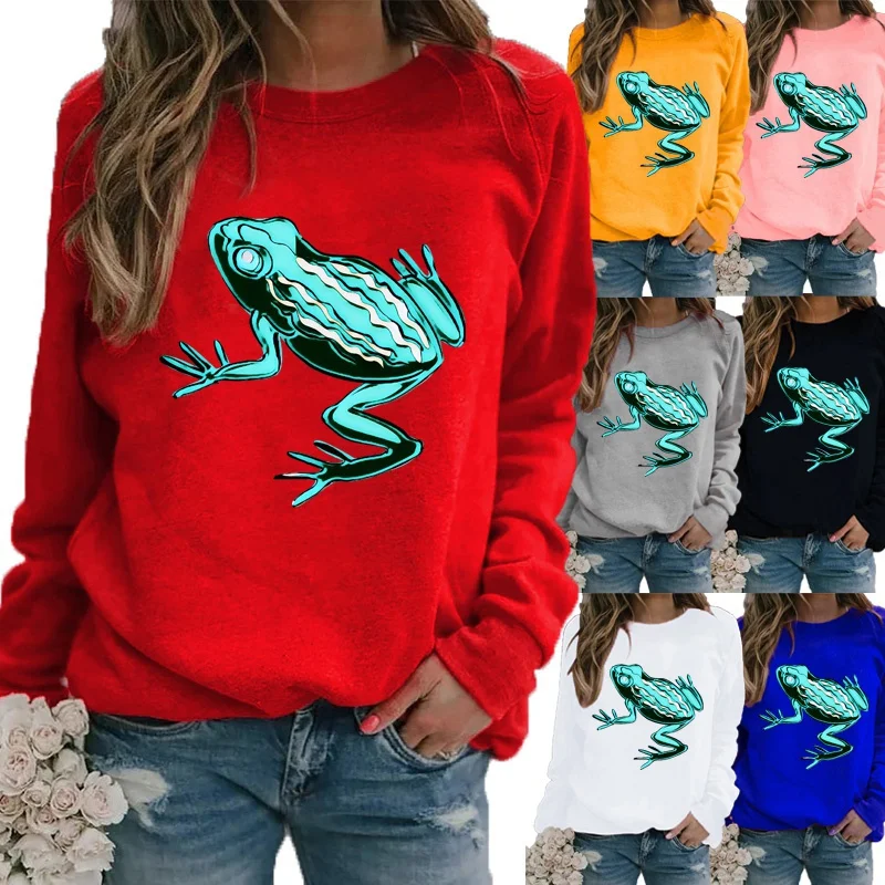 

Winter Casual Women Fashion Frog Printed Round Neck Long Sleeved Sweatshirt Loose Ladies Graphic T-shirt Blouse Plus Size