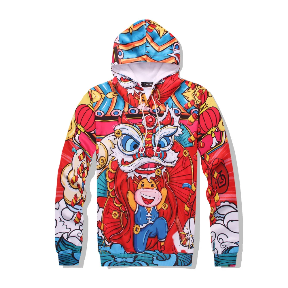 New Chinese Year Clothing Tracksuit lantern lion Cartoon cattle Printed Hoodie + Pants 2pcs Sets Men Women Outfits