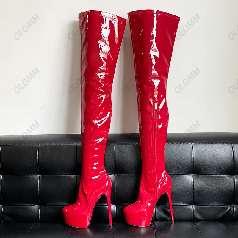 Olomm Handmade Women Spring Thigh Boots Patent Leather Side Zipper Thin High Heels Round Toe White Party Shoes Plus US Size 5-20