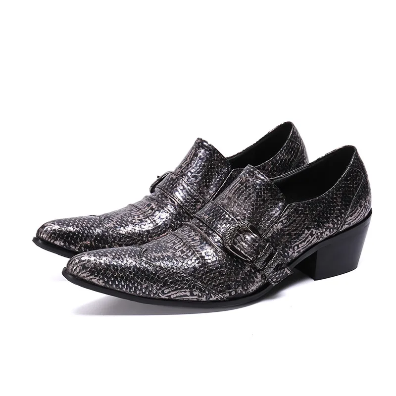 

Black Genuine Leather Snake Men Shoes Buckle Strap Pointed Toe Shoes Men Offici Thick Square High Heels Mens Dress Shoes Slip On