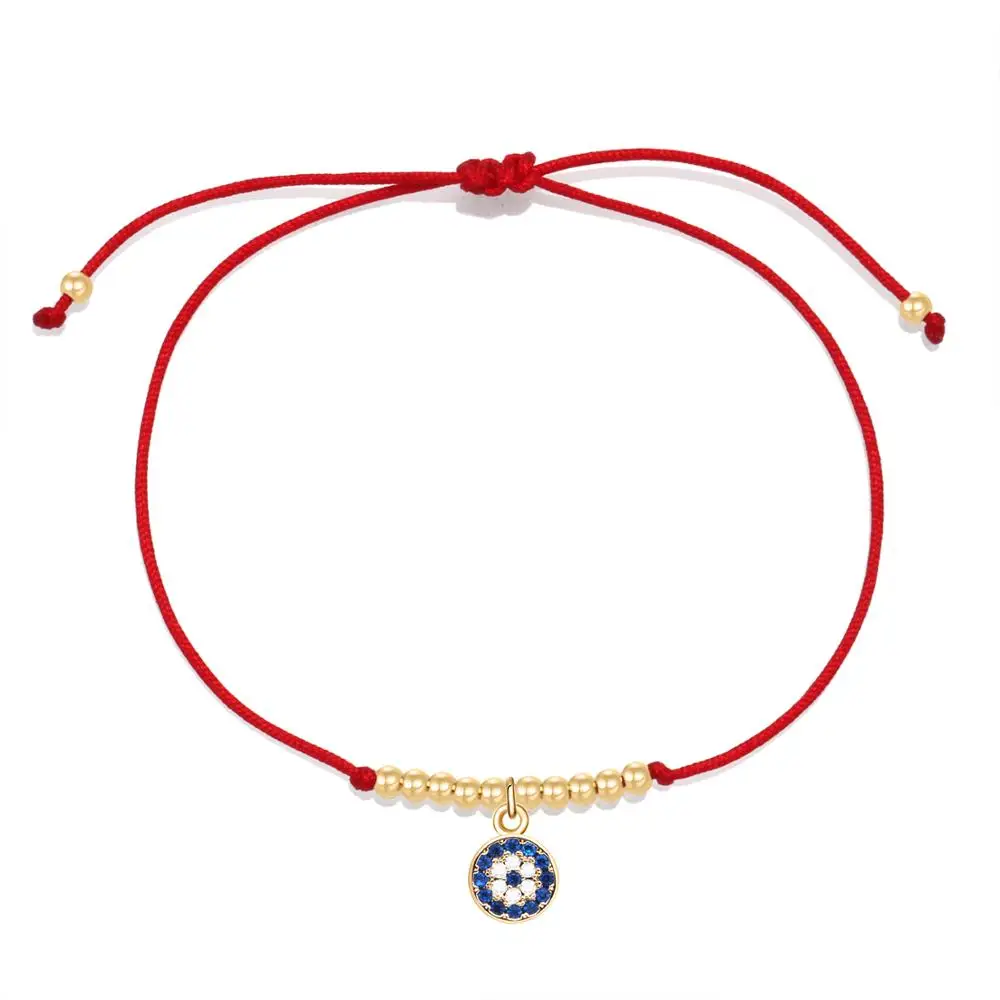 Blue Cubic Zirconia Crystal Evil Eye Pendant Brass Beads Adjustable Bracelet Women Chic Simple Red Black String CZ Jewelry Gift