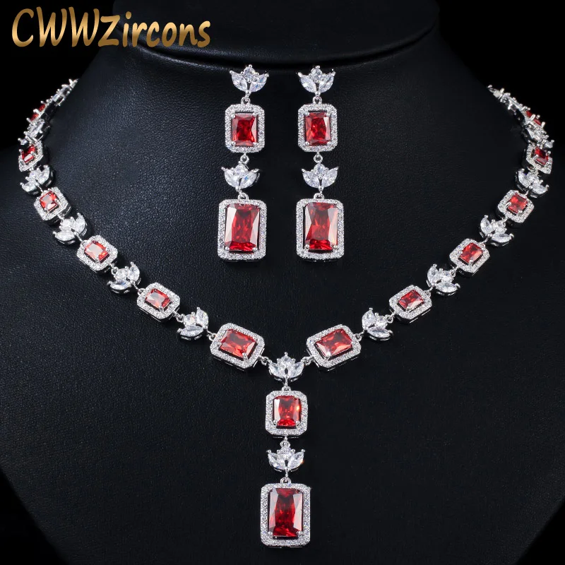 CWWZircons Square Cut Red Cubic Zirconia Stone Women Wedding Party Necklace Jewelry Sets for Brides Costume Accessories T369